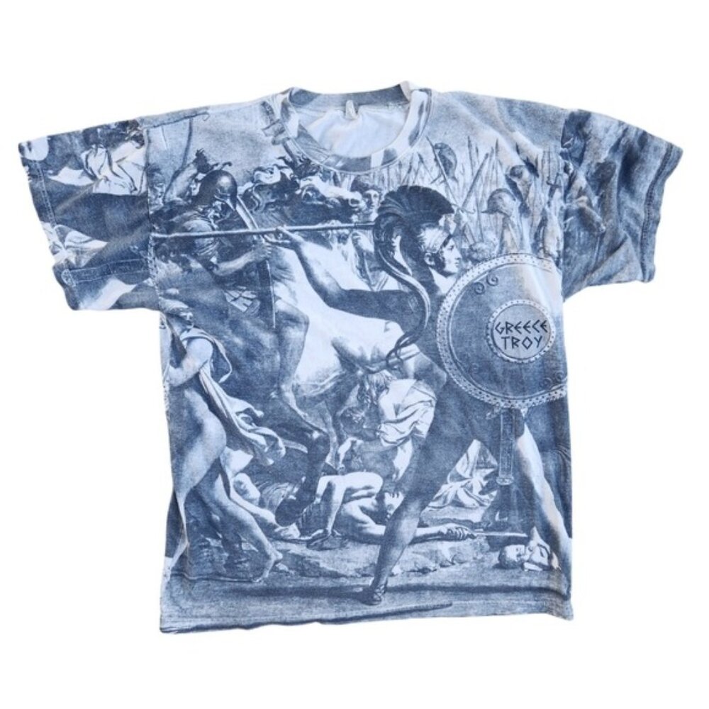 Vintage Greek Troy Graphic Print T-Shirt‎ Ancient Battle Scene unisex medium